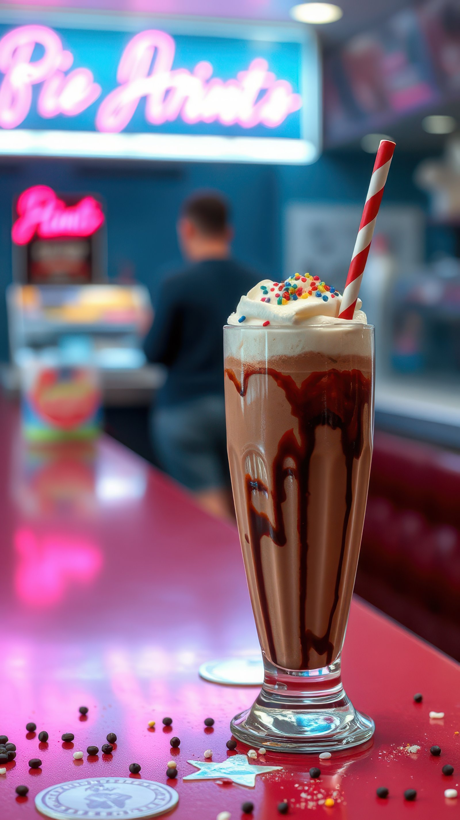 Indulgent chocolate milkshake topped with whipped cream and sprinkles in a retro diner setting